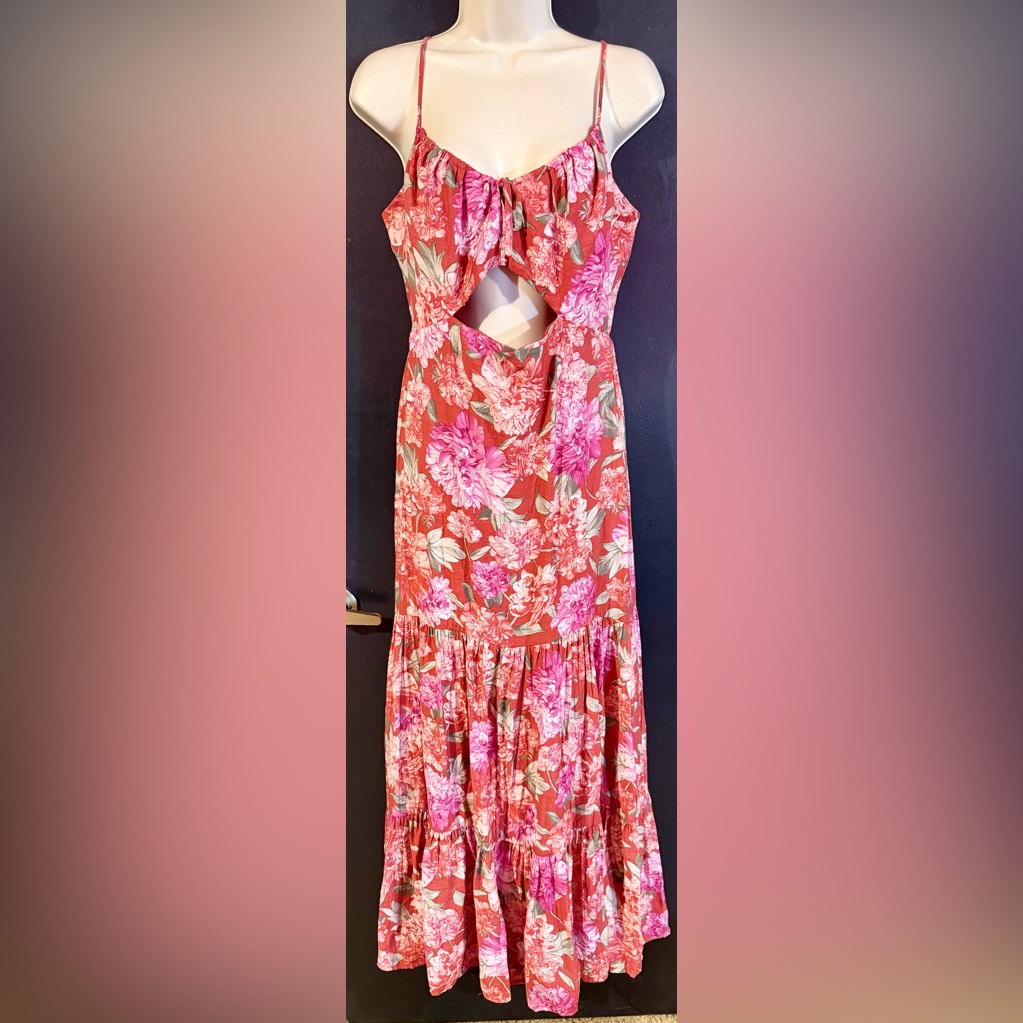 Express Rusty Red Floral Cutout Maxi Cottagecore Tiered Boho Dress. Sz M